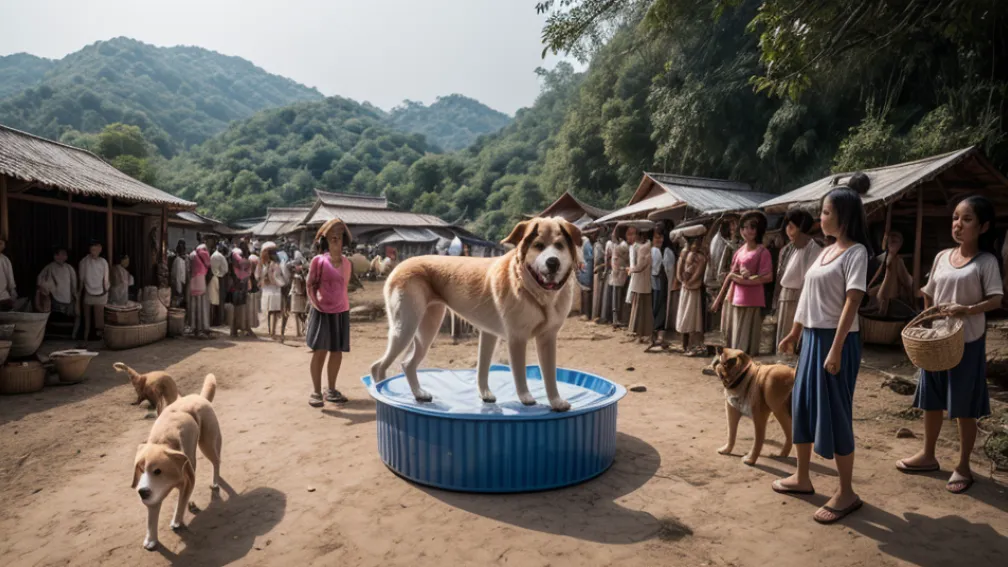 Câine blocat cu capul într-un container de plastic în Thailanda: Sătenii au sărit în ajutor