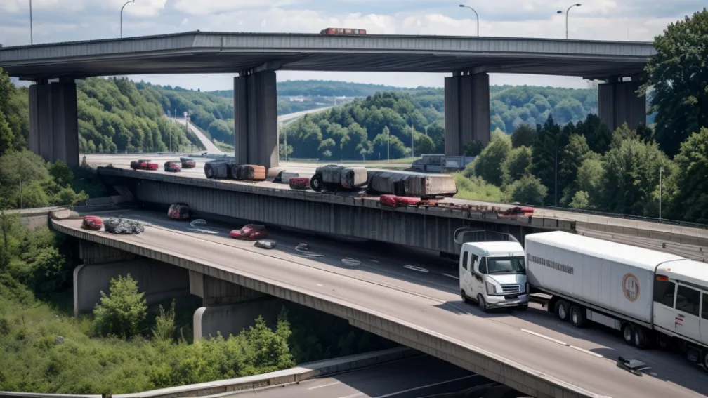 Accident pe autostrada A6 din Germania: Autotransportor blocat sub pod, pagube de 100.000 euro