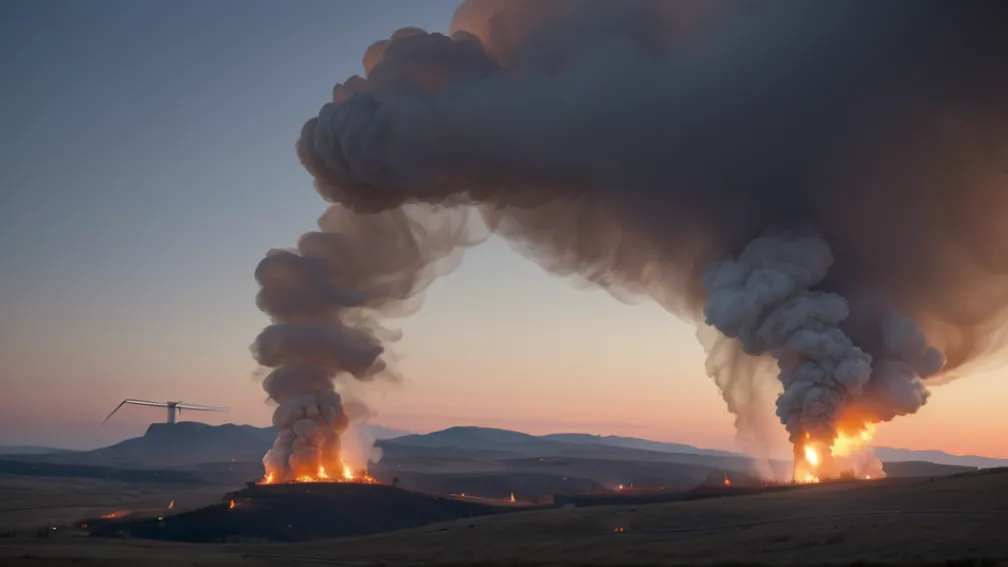 Incendiu spectaculos la o turbină eoliană în Germania: A luat foc la 65 de metri înălțime, stingerea imposibilă