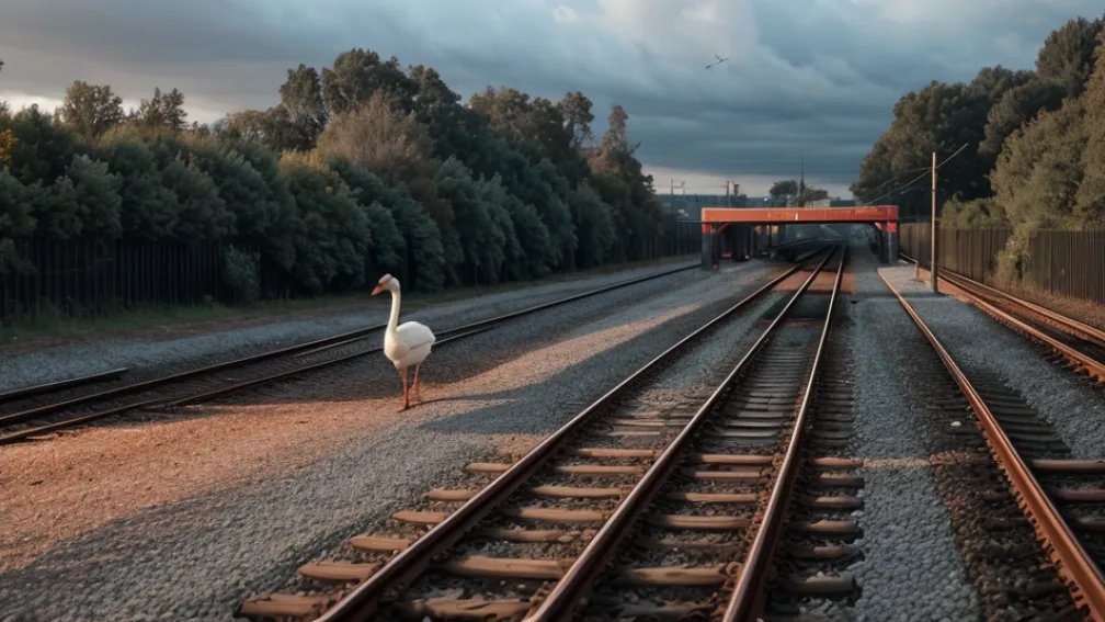 Lebădă pe șine oprește trenurile: Pasager în pericol după o tentativă de salvare riscantă