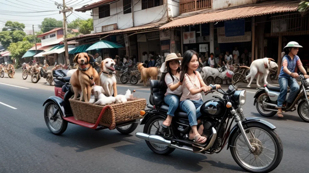 Viral din Thailanda: Un bărbat transportă 17 câini pe o singură motocicletă