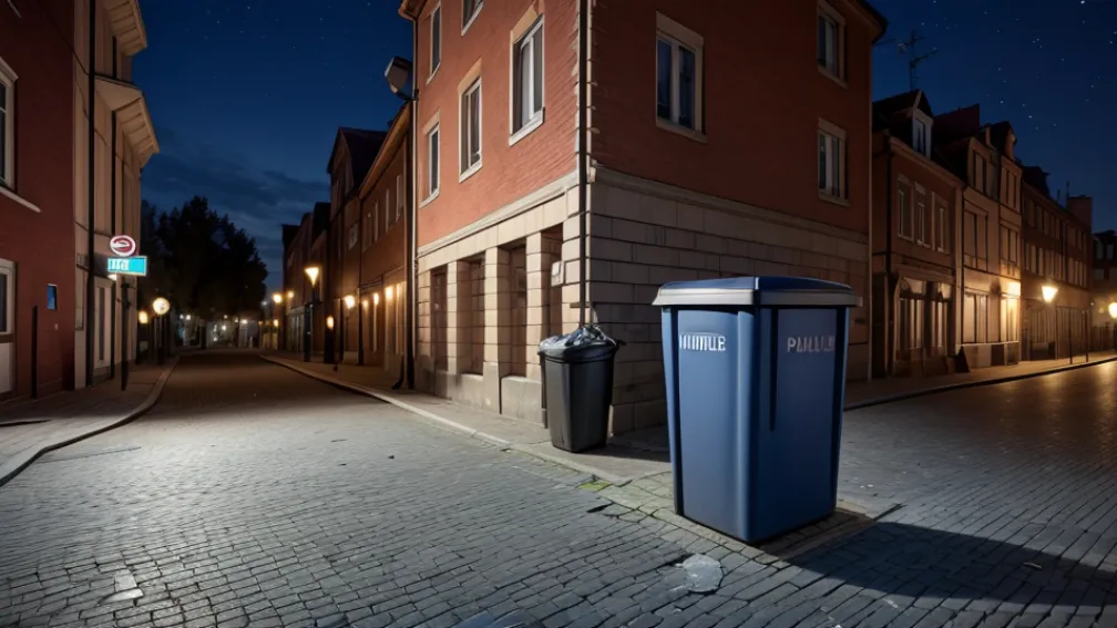 Coș de gunoi distrus de o petardă în fața secției de poliție din Wolgast, Germania