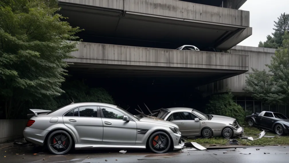 Accident grav în Germania: Un Mercedes-AMG a zburat peste un zid de 2,5 metri și a căzut pe o parcare supraetajată