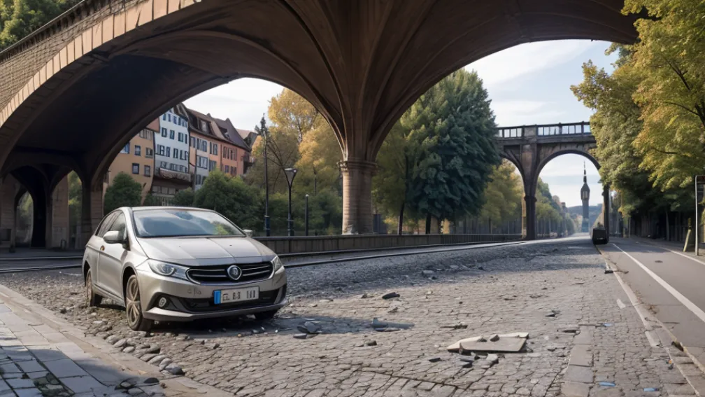 Automobil avariat în Freiburg, Germania, după ce persoane au aruncat cu pietre de pe un pod