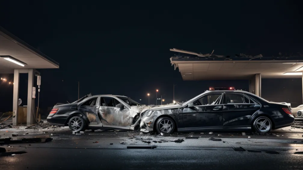 Accident spectaculos în Nürnberg: Un Mercedes AMG de lux a intrat într-o benzinărie, șoferul de 22 de ani era drogat și beat