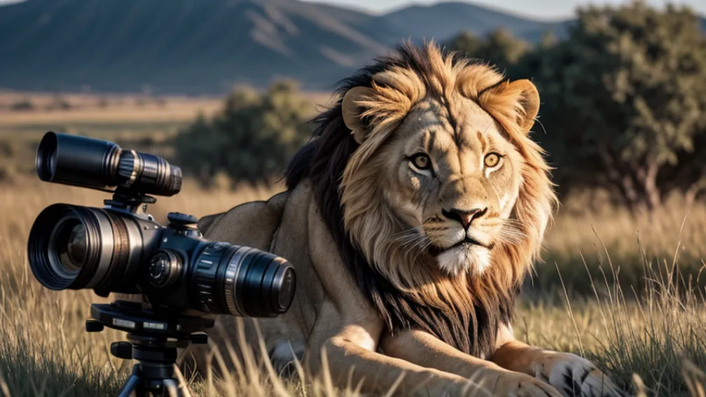 Pradă neobișnuită: Un leu din Kenya a furat un obiectiv foto în timpul unui safari