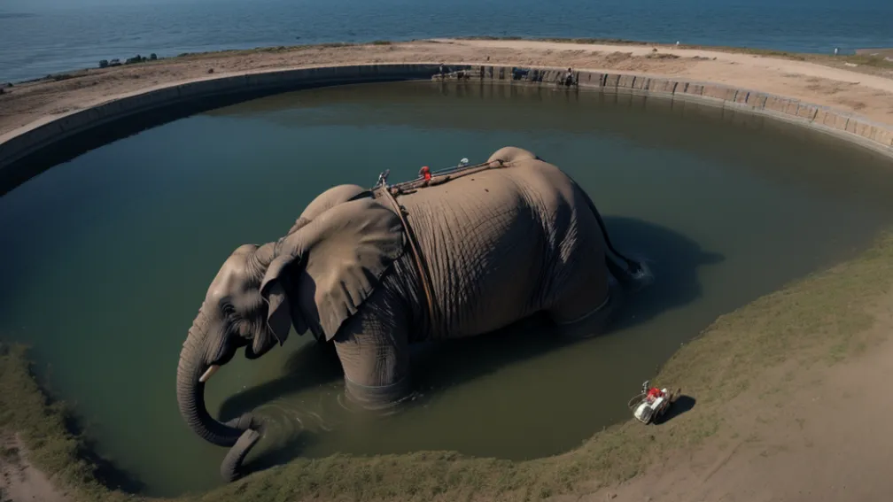Operațiune masivă de salvare: Un elefant de cinci tone, blocat într-un rezervor de 9 metri adâncime