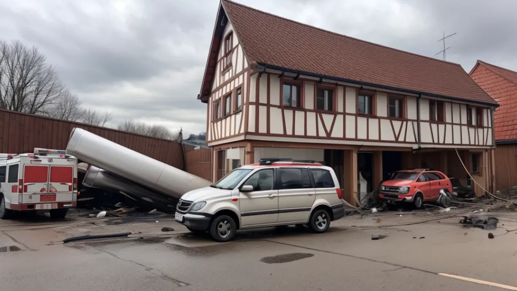 Accident bizar în Germania: O mașină cu remorcă s-a rostogolit din parcare și a aterizat pe acoperișul unei firme