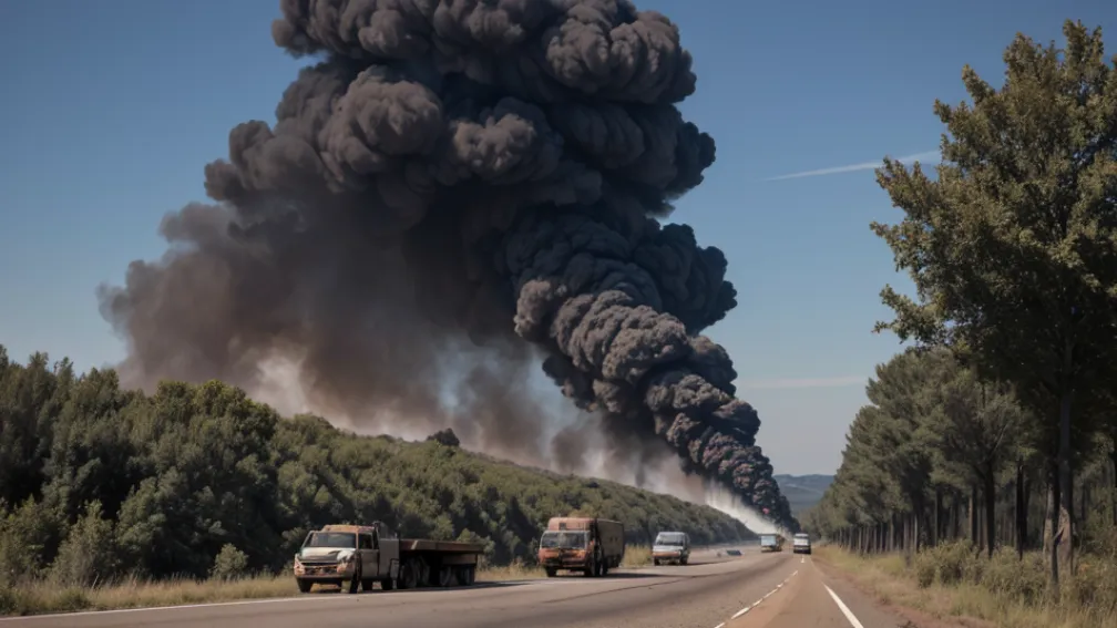Incendiu puternic pe autostrada A44 lângă Düsseldorf: Un TIR a ars complet, flăcările s-au extins la vegetație