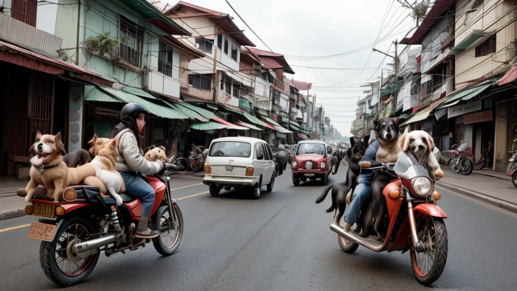 Imagini uluitoare din Thailanda: un pensionar călătorește cu 17 câini pe motocicletă