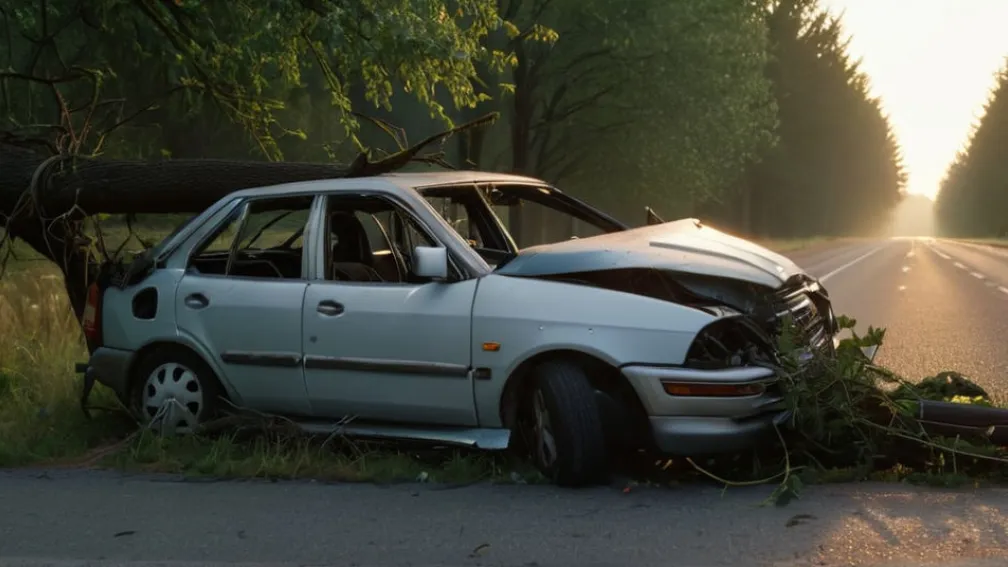 Mașină avariată încurcată într-un copac pe marginea unui drum rural la răsărit