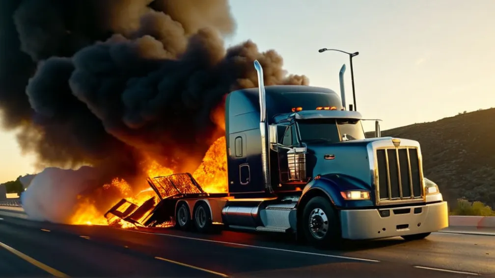 Camion în flăcări după ce a lovit un parapet de beton într-o curbă strânsă