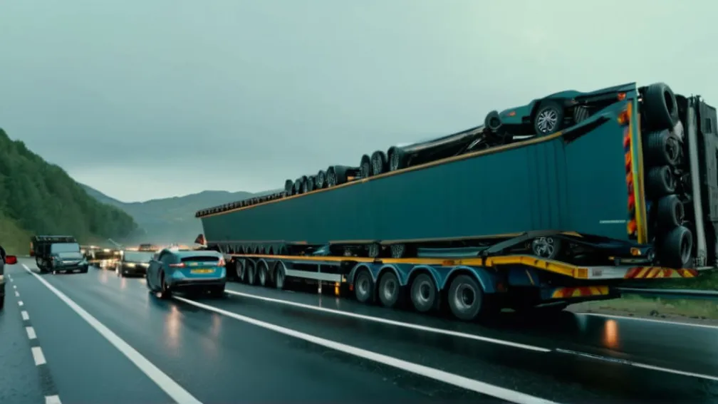 Accident grav pe A9: Autotransportor răsturnat, pagube de 500.000 de euro