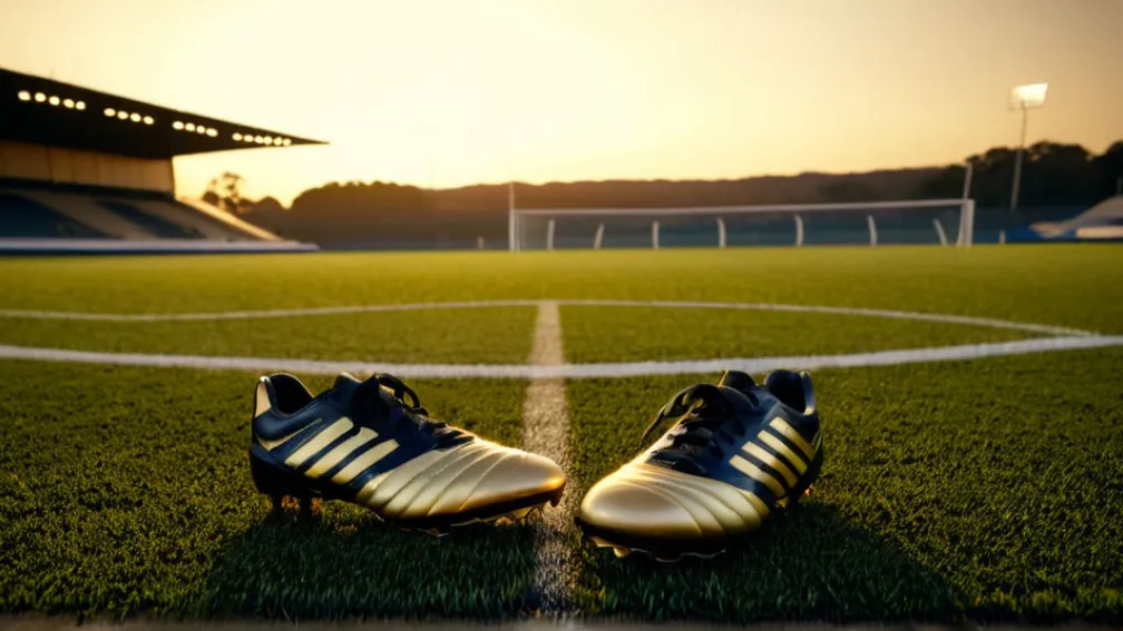 Imagine fotorealistă a unui teren de fotbal părăsit la răsărit, cu lumină aurie ce iluminează o singură pereche de ghete lăsate în cercul central, simbolizând revenirea și speranța. Iluminare cinematografică, 8k, hiperrealistă.