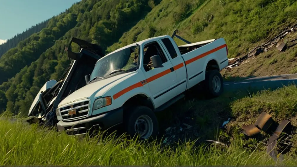 Impact pe A44: Un camion a lovit o mașină avariată și a căzut în râpă