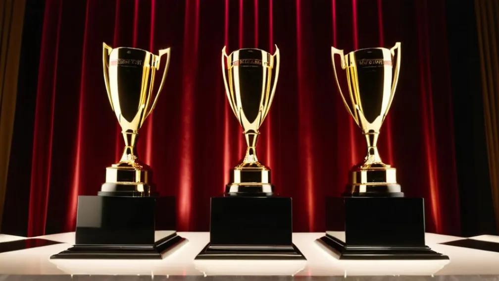 Eleganta ceremonie de premiere: scenă cu lumini sclipitoare, trofee abstracte pe piedestale, atmosferă festivă într-un salon de bal luxos al unui hotel. Iluminare cinematografică, 8k, hiper-realist.