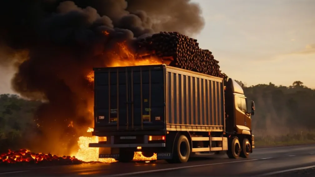 Incendiu pe A10: 22 de tone de cacao, mistuite de flăcări într-un camion