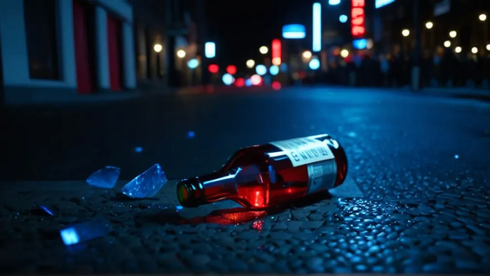 Scenă nocturnă urbană cu lumini albastre și roșii intermitente, mișcare neclară sugerând un eveniment dinamic, o sticlă spartă pe jos, fără oameni sau fețe, iluminare cinematografică, 8k, hiperrealist.