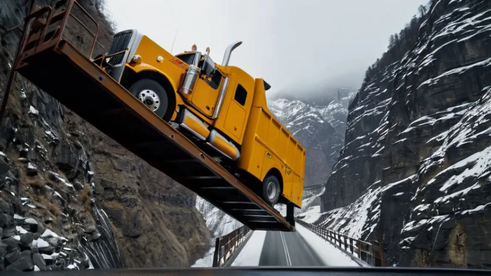 Accident spectaculos în SUA: Cabina unui camion a rămas suspendată la 30 de metri deasupra unui pod