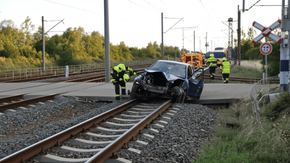 Salvare miraculoasă în Belgia: Mașină blocată pe trecerea la nivel cu calea ferată, lovită în plin de tren