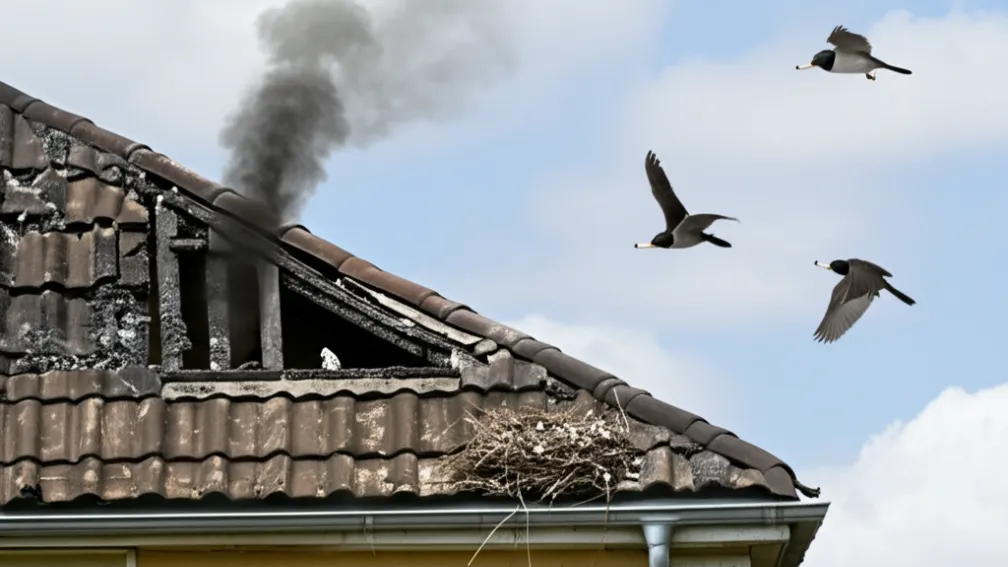 Cu resturi de țigări fierbinți - Păsări provoacă incendiu la acoperiș