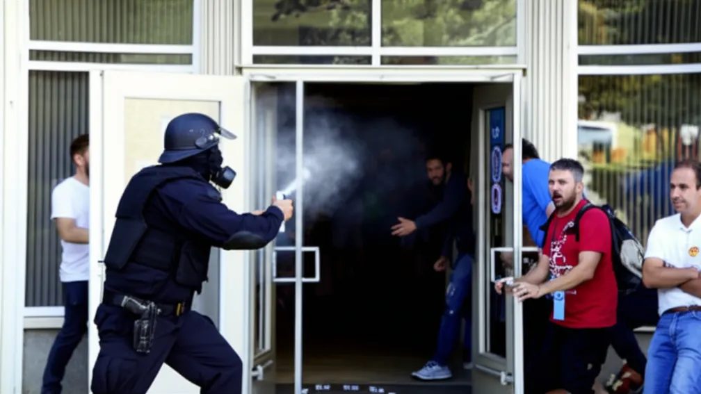 Cu spray paralizant și mască de gaze - Un bărbat mascat ia cu asalt o clădire judecătorească