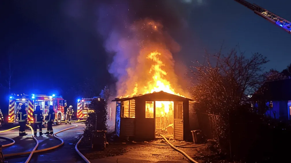 Incendiu puternic în Moers: O cabană și o motocicletă, distruse de flăcări