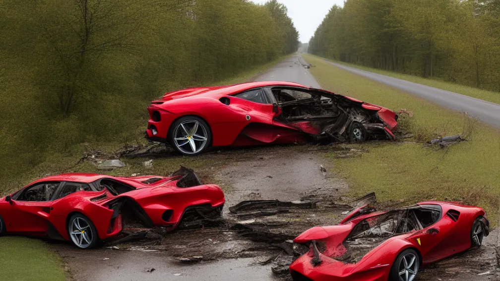 Ferrari distrus într-un accident - Cu 1000 CP într-un copac