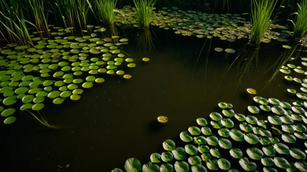 Ecosistemul unui iaz mâlos cu vegetație acvatică densă, ondulații subtile la suprafața apei, un sentiment ascuns de viață acvatică unică, iluminare cinematografică, 8k, hiper-realist.