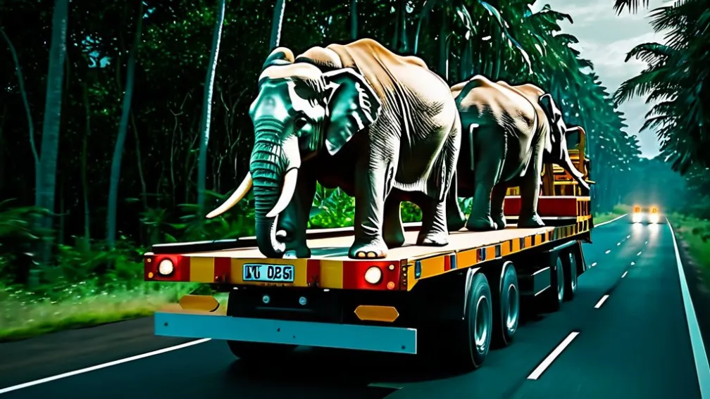 Transport neobișnuit: Elefanți pe un camion în Thailanda