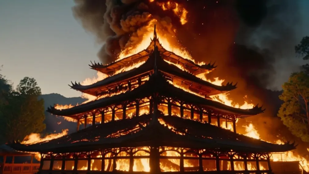 Pavilionul unui templu din China, cuprins de flăcări: imprudența turiștilor a provocat incendiul