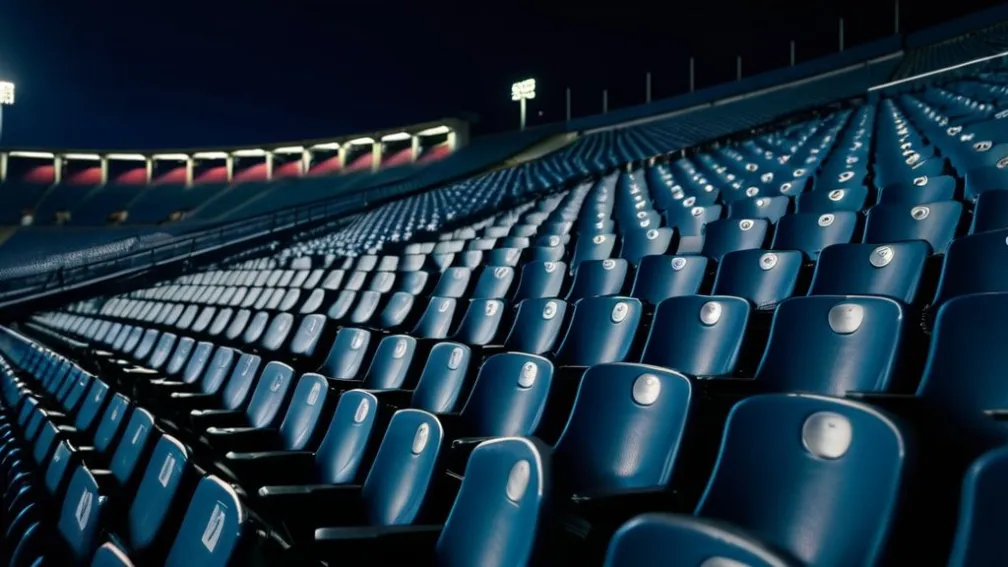 Scaune goale pe stadion la amurg, o eșarfă căzută, atmosferă solemnă, iluminare cinematografică, 8k, hiperrealist.
