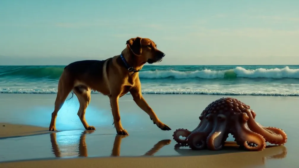 Întâlnire Inedită pe Plaja din Tenerife: Un Câine și O Caracatiță, Față în Față