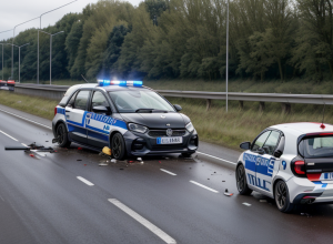 Urmărire ca-n filme pe o autostradă din Germania: Șofer fără permis, prins după ce a intrat pe contrasens și a lovit mașina poliției