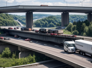 Accident pe autostrada A6 din Germania: Autotransportor blocat sub pod, pagube de 100.000 euro