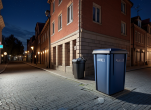 Coș de gunoi distrus de o petardă în fața secției de poliție din Wolgast, Germania