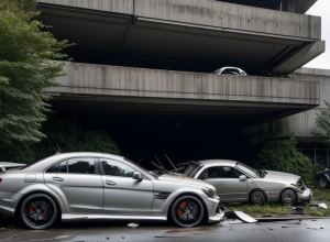 Accident grav în Germania: Un Mercedes-AMG a zburat peste un zid de 2,5 metri și a căzut pe o parcare supraetajată