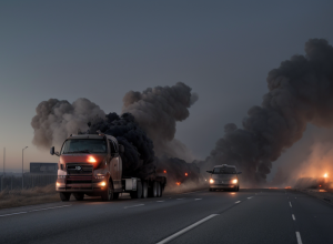Accident grav în Germania: Autoturism incendiat complet după coliziunea cu un camion pe autostrada A23