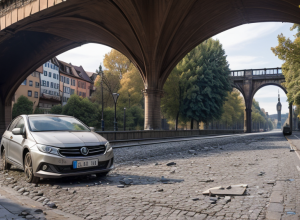 Automobil avariat în Freiburg, Germania, după ce persoane au aruncat cu pietre de pe un pod