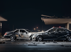Accident spectaculos în Nürnberg: Un Mercedes AMG de lux a intrat într-o benzinărie, șoferul de 22 de ani era drogat și beat