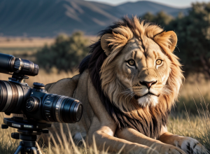 Pradă neobișnuită: Un leu din Kenya a furat un obiectiv foto în timpul unui safari