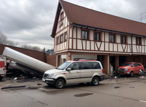 Accident bizar în Germania: O mașină cu remorcă s-a rostogolit din parcare și a aterizat pe acoperișul unei firme
