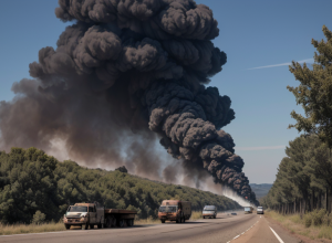 Incendiu puternic pe autostrada A44 lângă Düsseldorf: Un TIR a ars complet, flăcările s-au extins la vegetație
