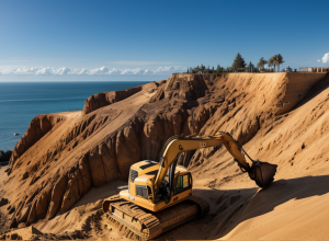 Incident șocant în Portugalia: Un excavator s-a prăbușit de pe o pantă pe plajă, șoferul s-a salvat miraculos