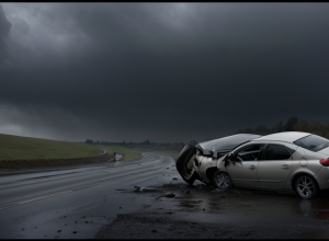 Accident rutier grav lângă Losheim: Mașină răsturnată pe B268 din cauza ploii torențiale