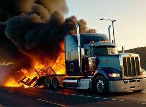 Camion în flăcări după ce a lovit un parapet de beton într-o curbă strânsă