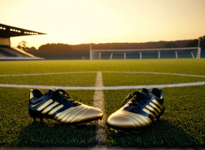 Imagine fotorealistă a unui teren de fotbal părăsit la răsărit, cu lumină aurie ce iluminează o singură pereche de ghete lăsate în cercul central, simbolizând revenirea și speranța. Iluminare cinematografică, 8k, hiperrealistă.