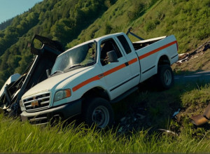 Impact pe A44: Un camion a lovit o mașină avariată și a căzut în râpă