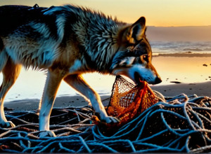 Un lup vânează în premieră: Folosește o plasă de pescuit pentru a-și procura hrana