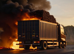 Incendiu pe A10: 22 de tone de cacao, mistuite de flăcări într-un camion